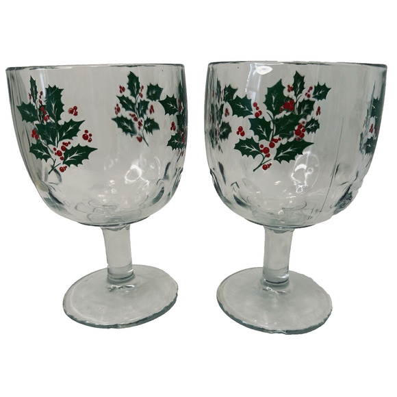 Bartlett Collins 16oz Thumbprint Glass Holly Berry 6" Goblets Set of 2 Christmas - Picture 1 of 10